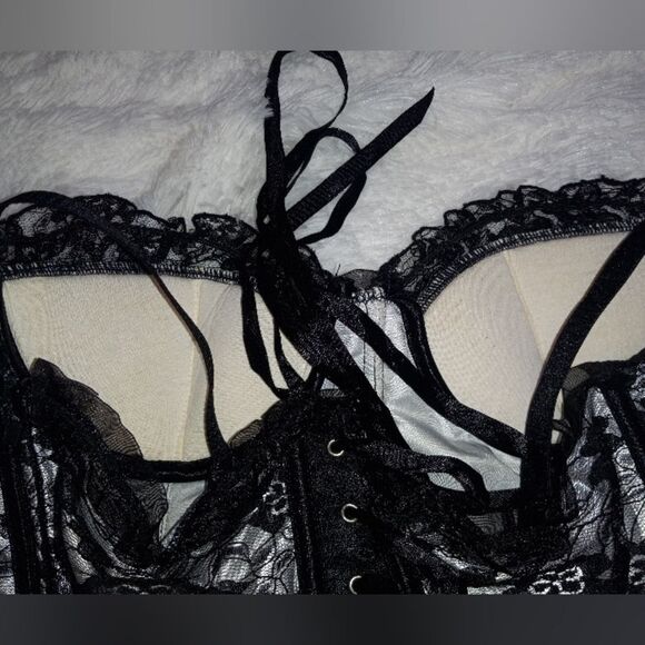 Coquette Lace-Up Corset Top Large Black White Lace Lingerie Bustier Costume - Picture 4 of 6